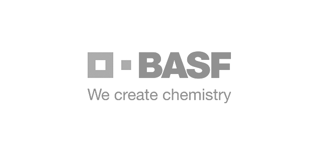 The basf logo is gray and says `` we create chemistry ''.
