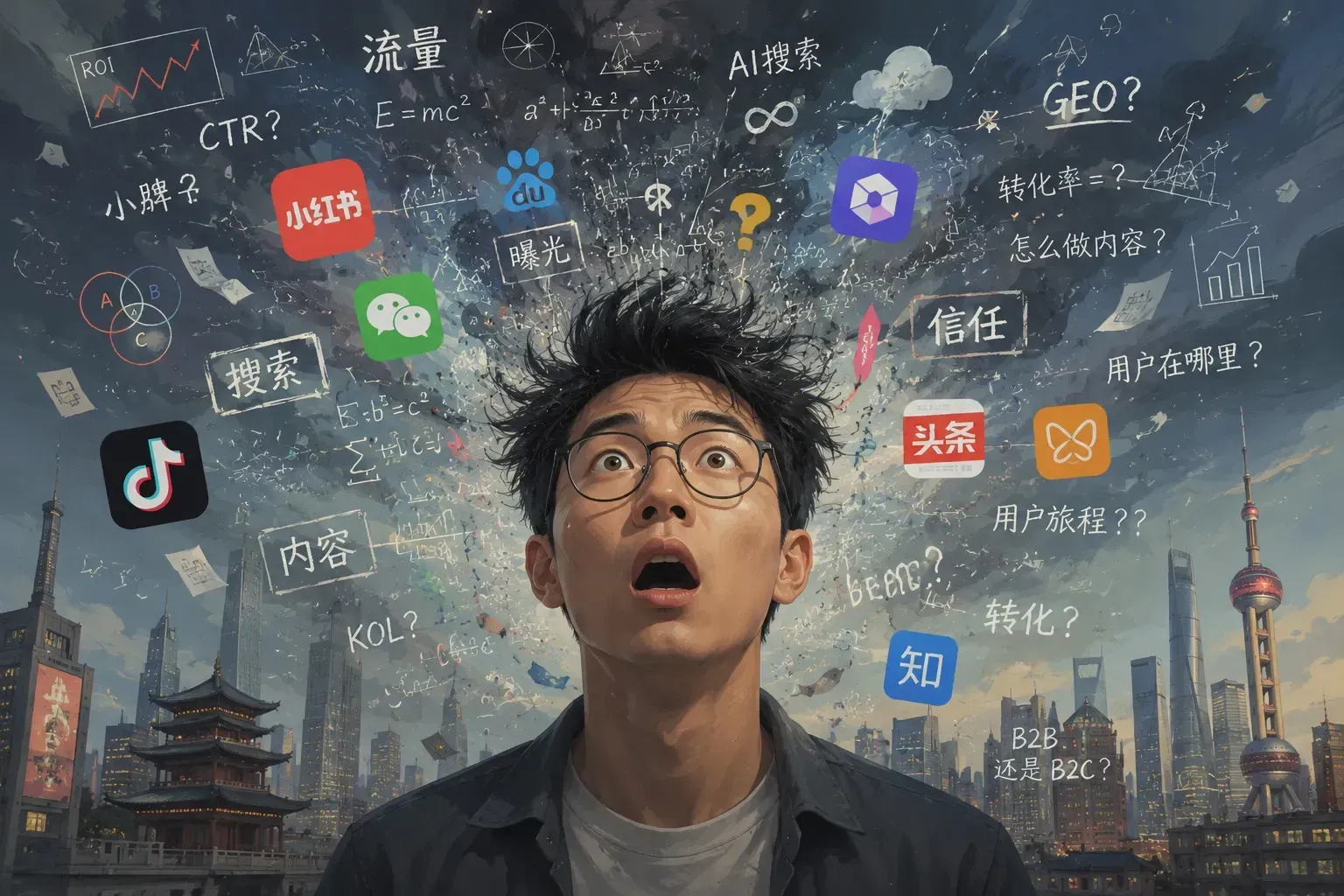 Man staring upward in a neon city with floating app icons and Chinese characters around him