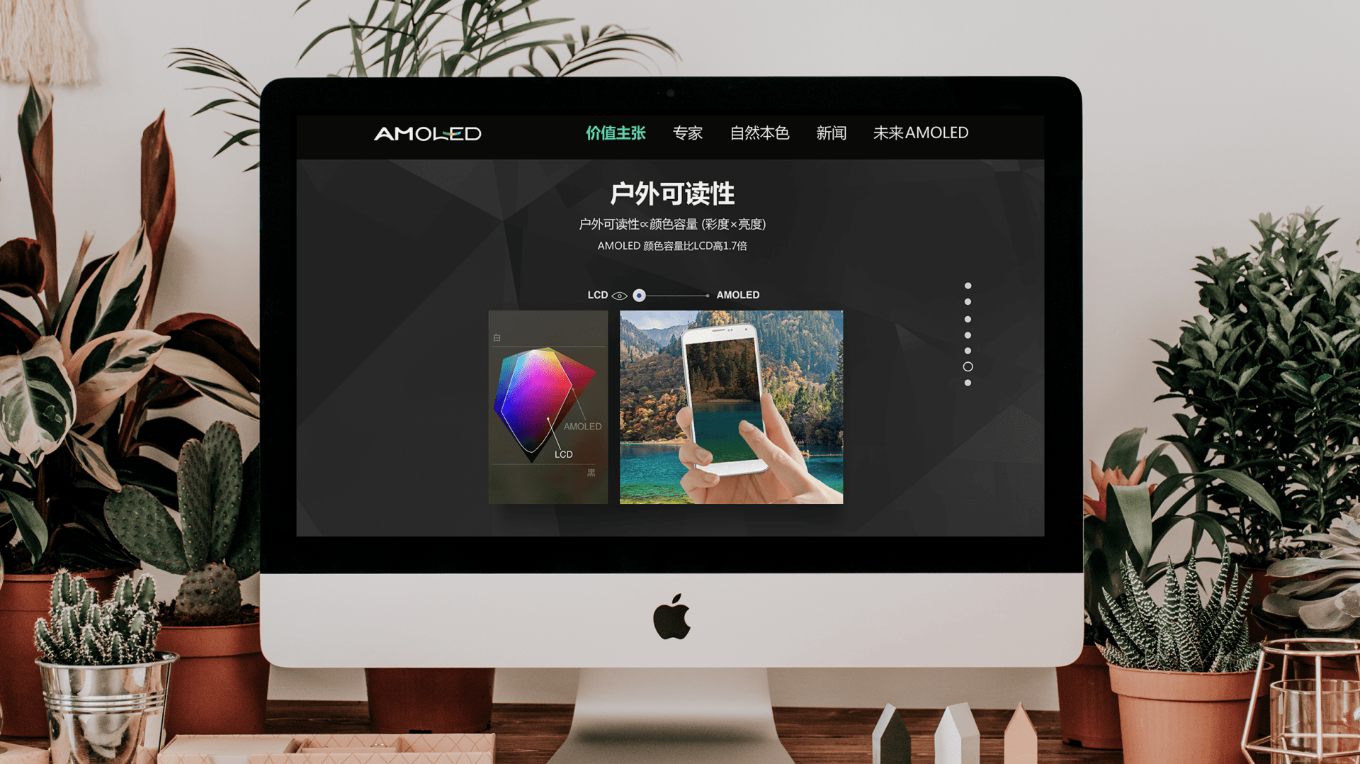 An apple computer is sitting on a wooden desk surrounded by potted plants.