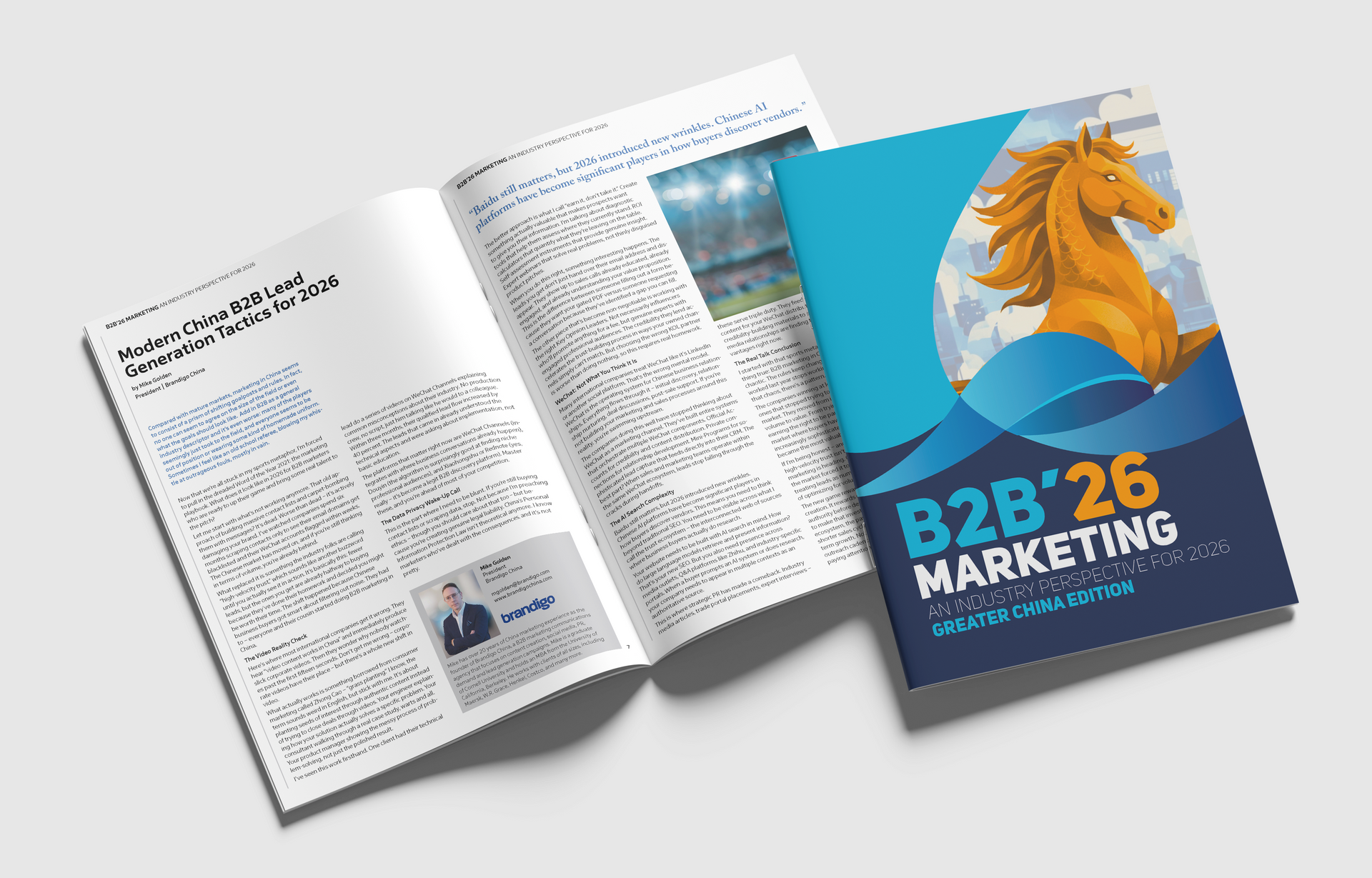 Magazine spread with a Chinese fire horse logo on the cover, titled 