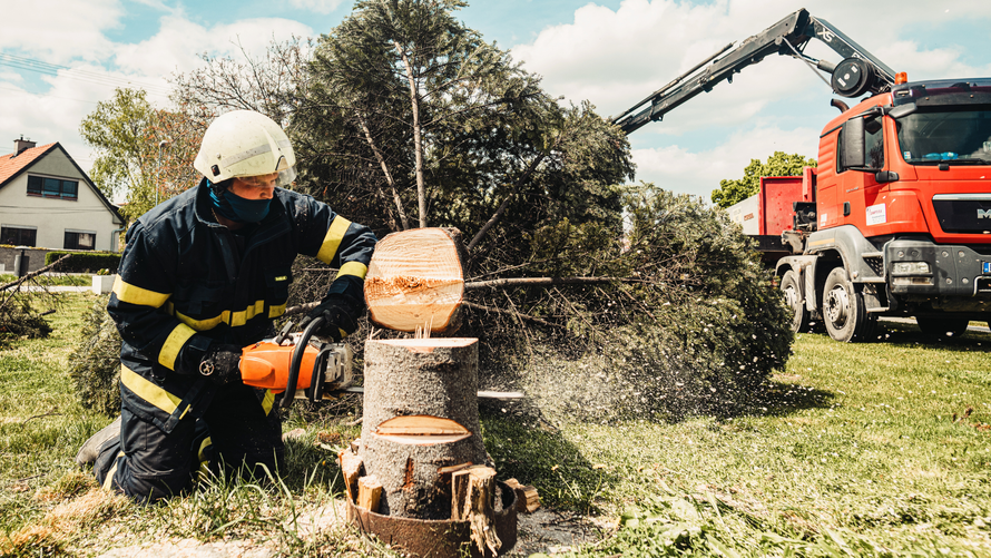 A fireman is cutting a tree stump with a chainsaw.