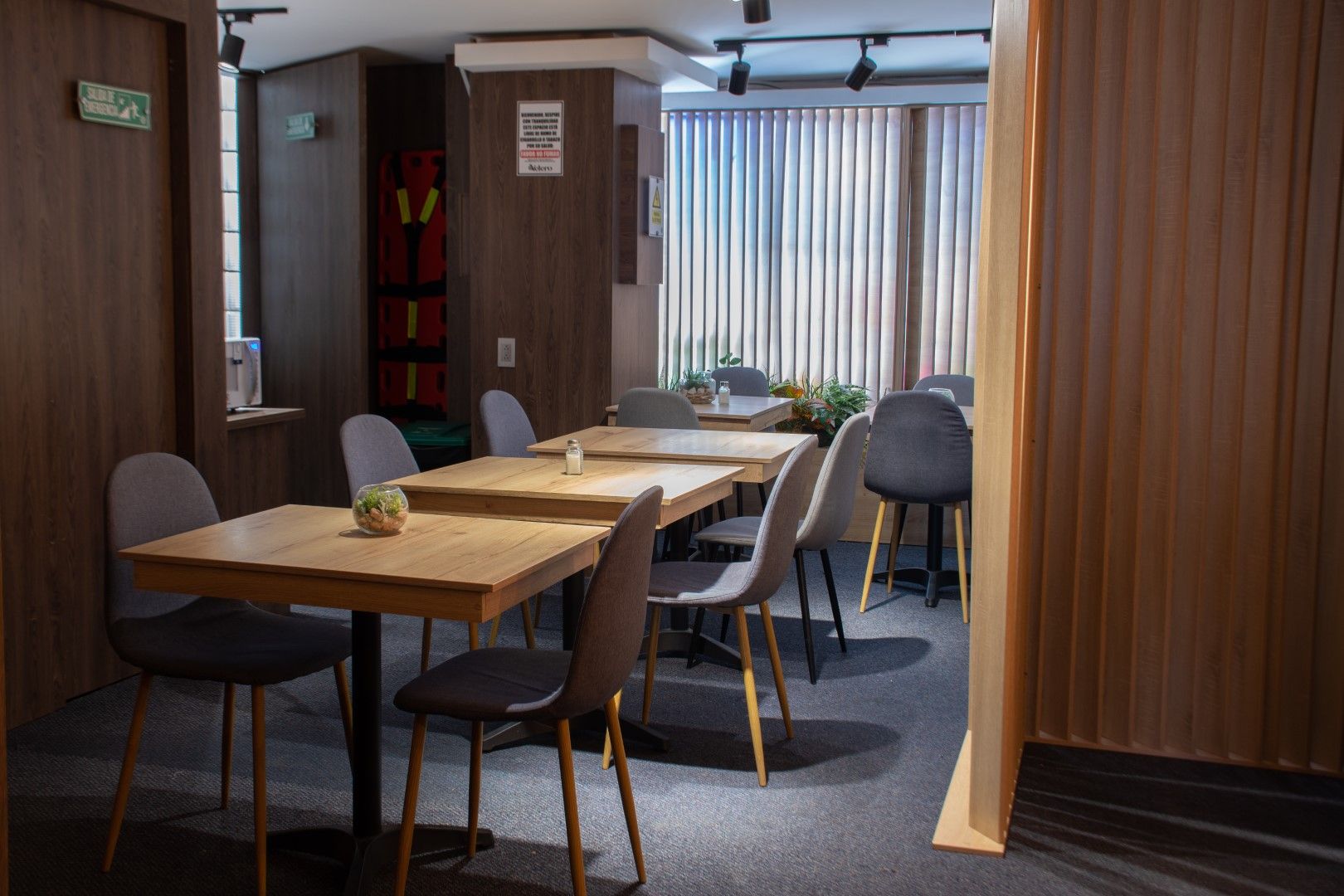Interior de una cafetería con mesas de madera y sillas grises. La luz del sol entra a raudales por un gran ventanal.