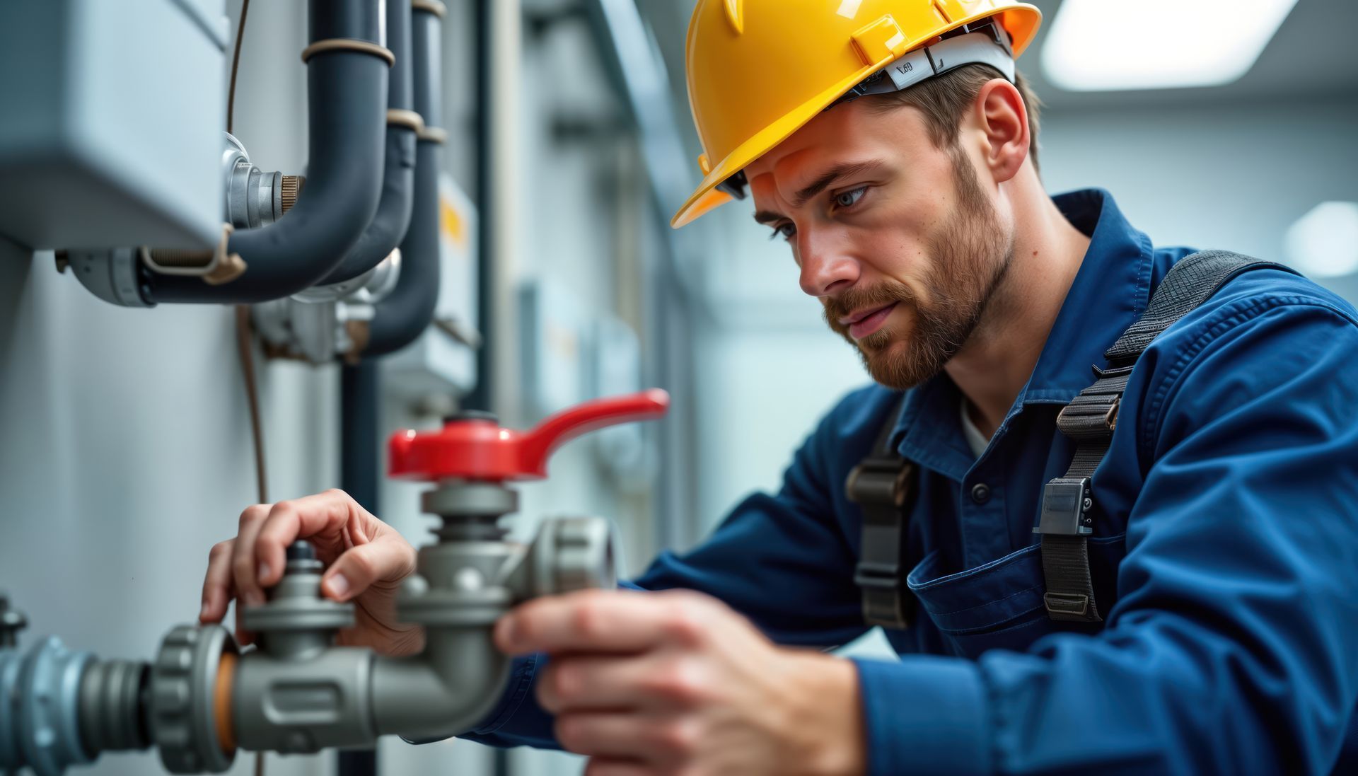 A technician in a yellow hard hat and blue uniform works on a valve connected to industrial pipes.