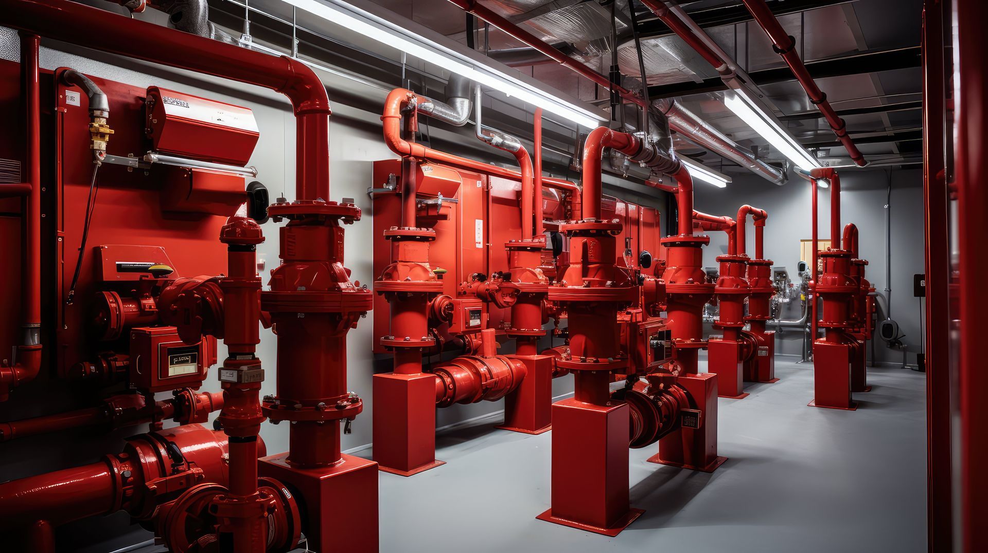 A row of industrial red fire pump equipment with connected pipes and valves in a sterile, lit mechanical room.