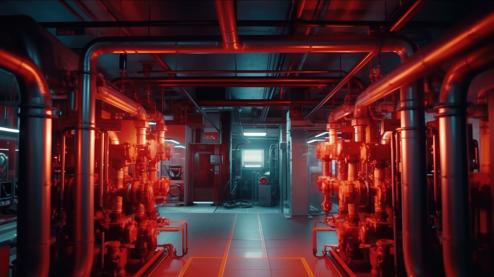 A dimly lit industrial room with metallic pipes, heavy machinery, and vibrant red lighting on the floor and walls.