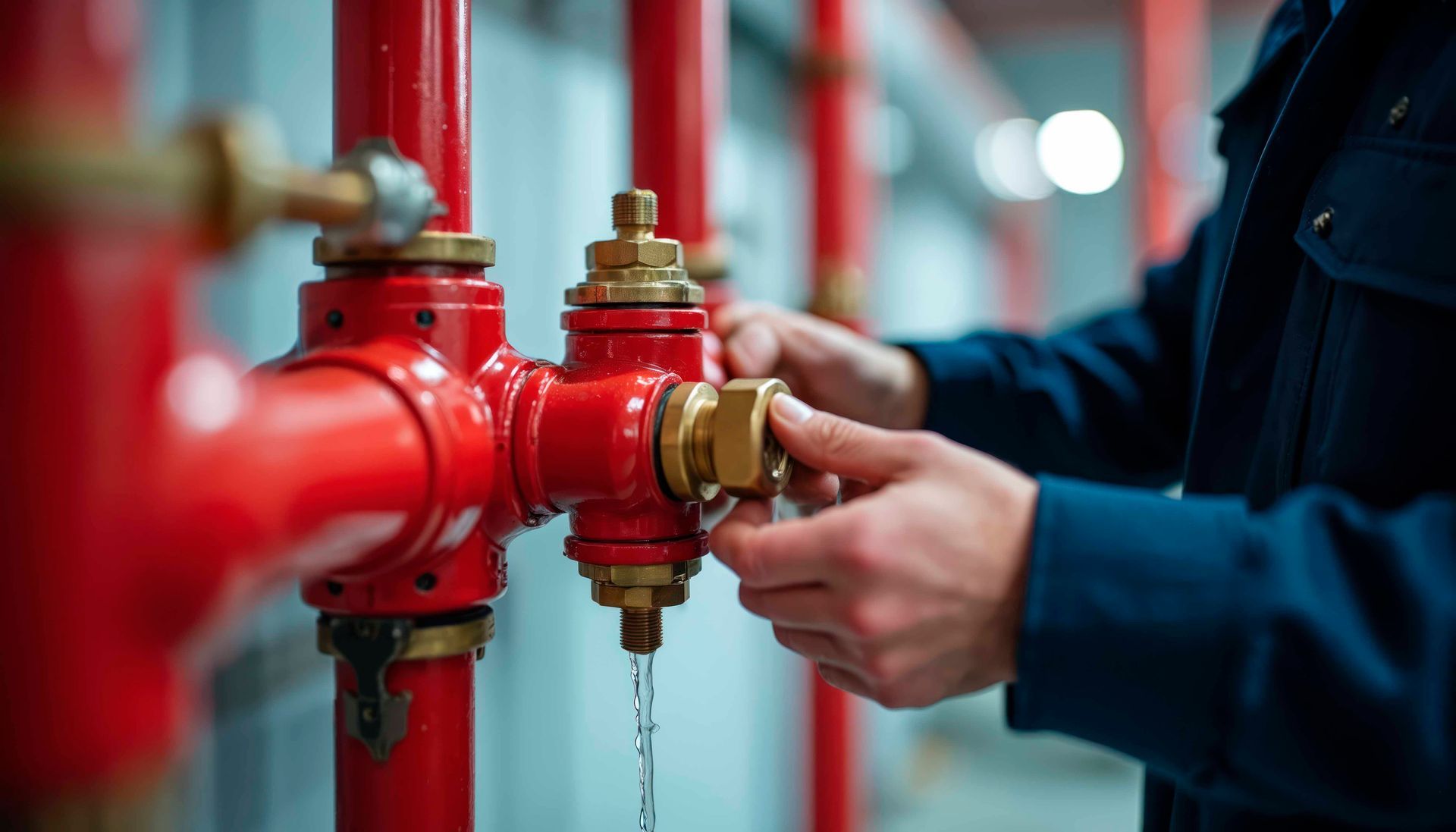 Person adjusting a brass valve on a red fire sprinkler pipe.
