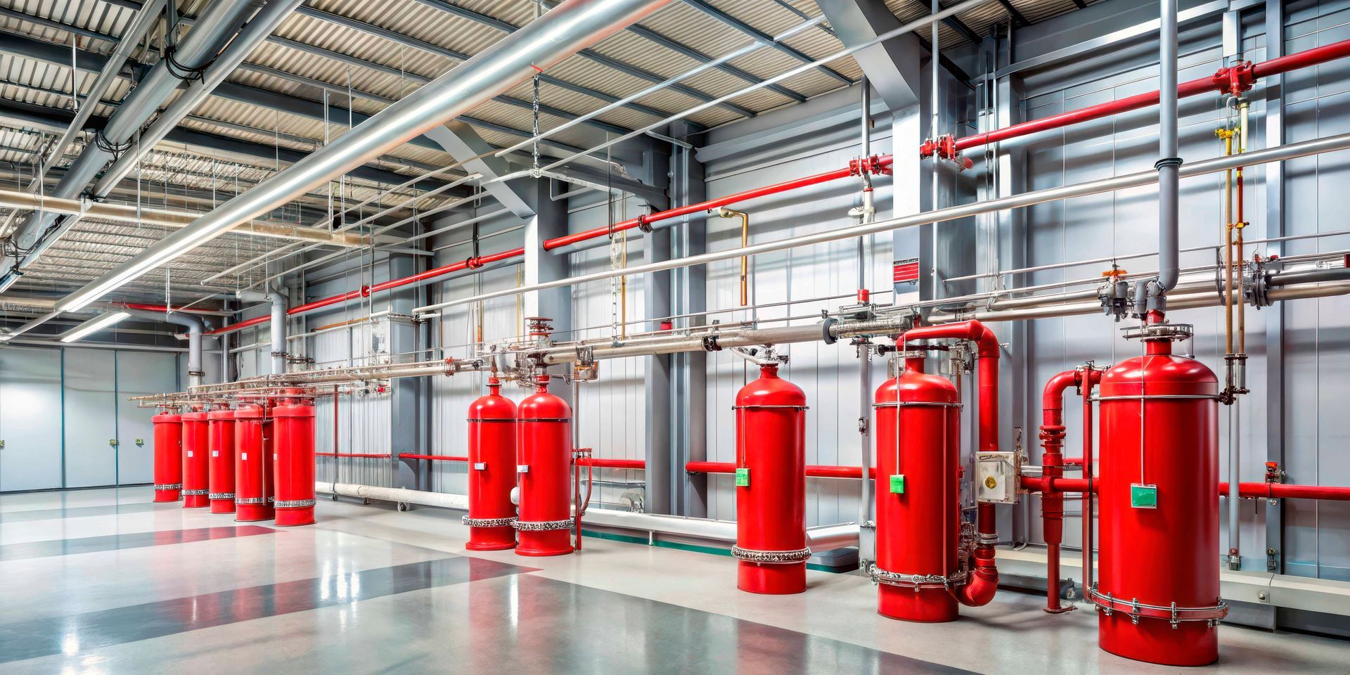 A row of industrial red fire suppression gas cylinders connected to a network of metal pipes in a warehouse facility.