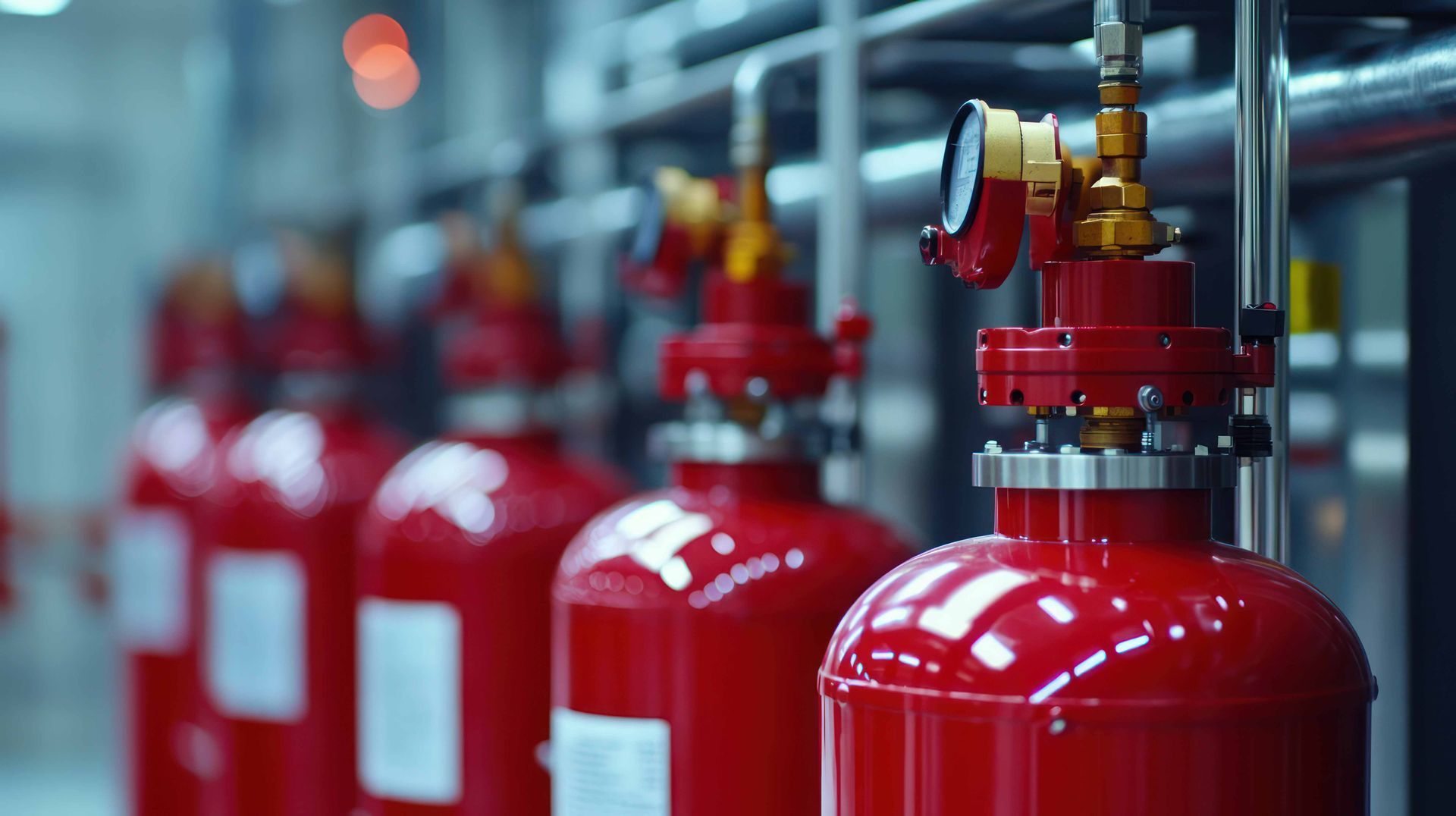 A row of red industrial fire suppression cylinders with pressure gauges, connected to pipes in a facility.