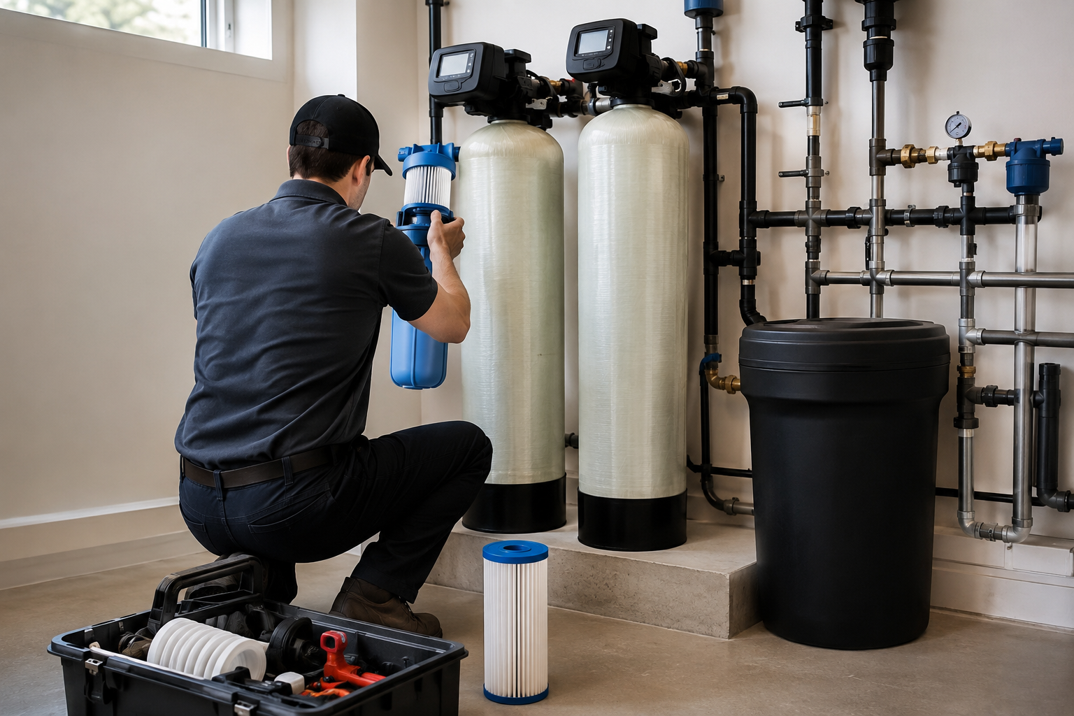Technician servicing water filtration tanks and pipes in a utility room