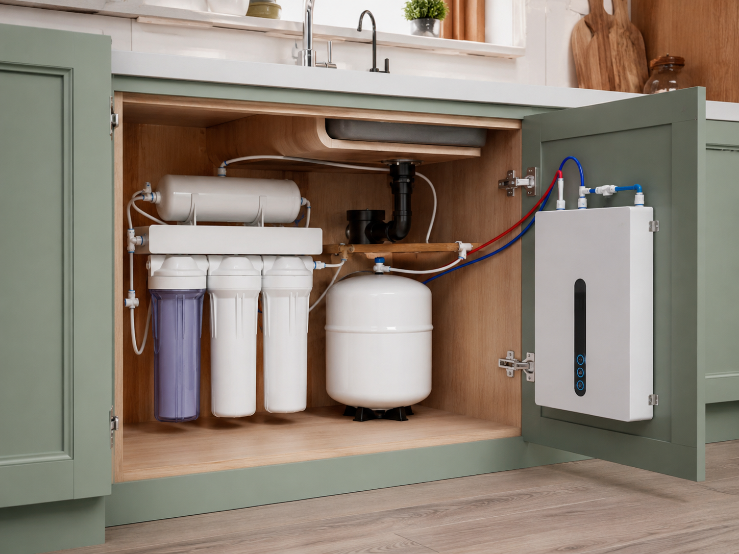 Under-sink water filtration system with white and blue canisters inside a kitchen cabinet