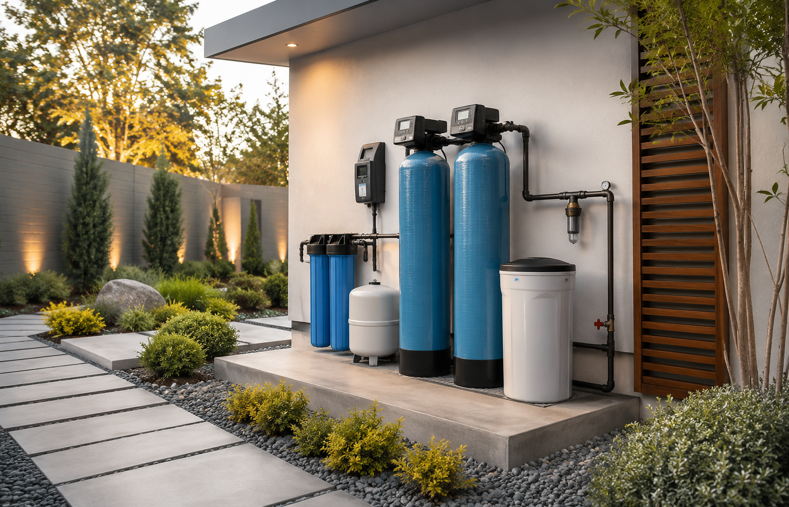 Outdoor water filtration system with blue and white tanks beside a modern house and landscaped yard