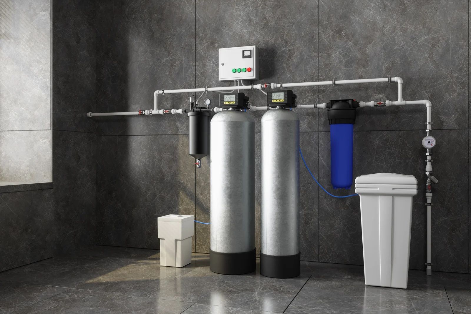 Water filtration system with twin silver tanks and blue filter in a tiled room, beside a trash bin and paper towel roll