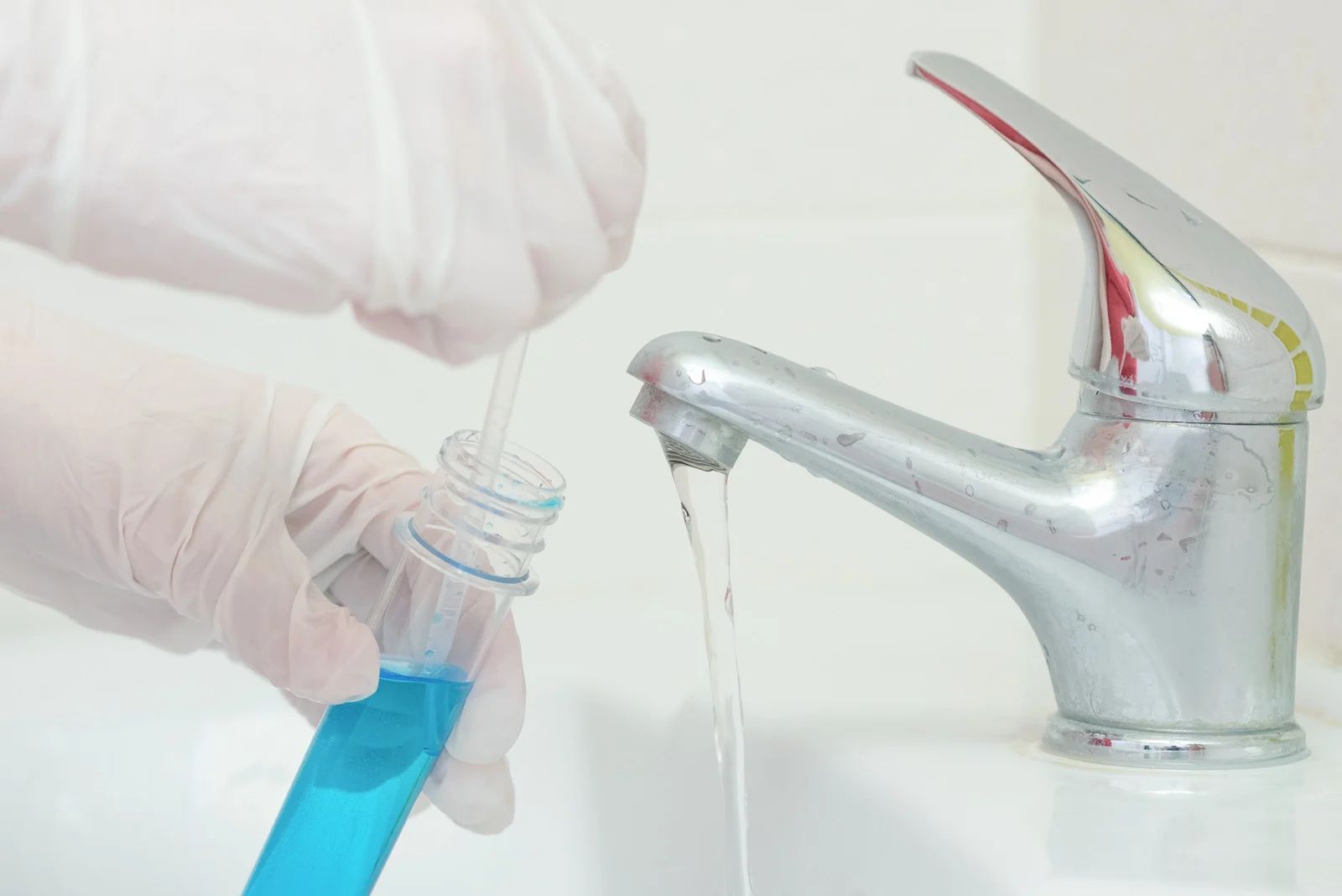 Hands in gloves, filling test tube with water from a faucet; blue liquid.