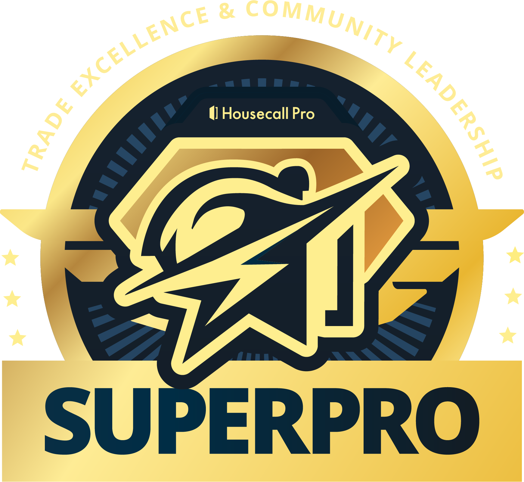 Housecall Pro SUPERPRO logo with gold star, dark blue background, and circular text for excellence and leadership