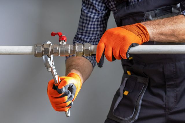 Worker in orange gloves tightening a metal pipe valve with a wrench