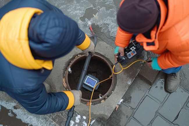 Two workers inspect a manhole, one lowering a device on a wet pavement.