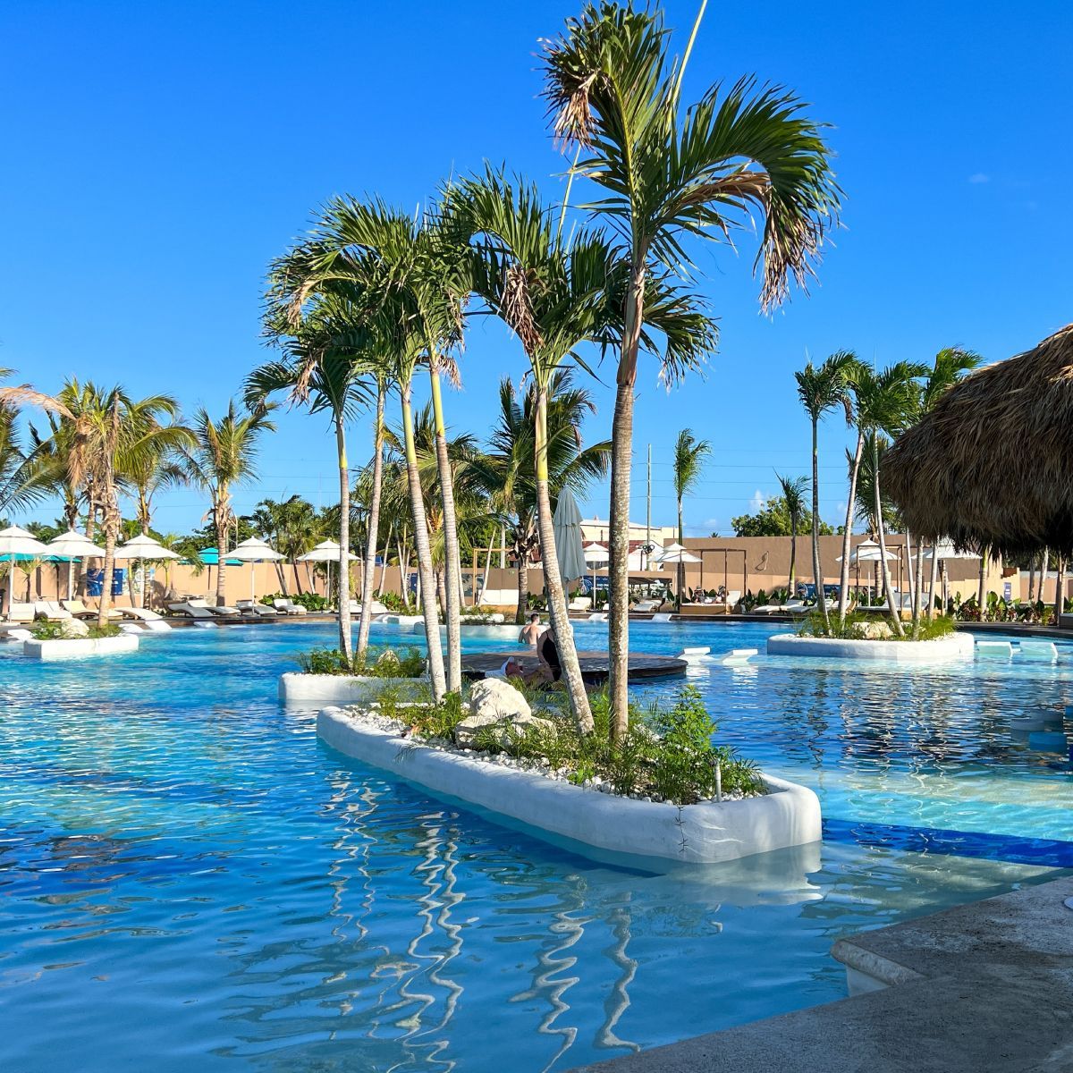 Pool with palm trees and a thatch-roof bar under a bright blue sky.