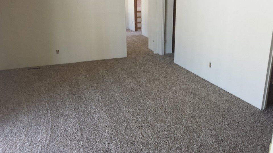 An empty room with grey wall-to-wall carpeting and plain white walls, featuring a doorway leading to a hallway.
