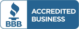Blue and white Better Business Bureau (BBB) Accredited Business logo.
