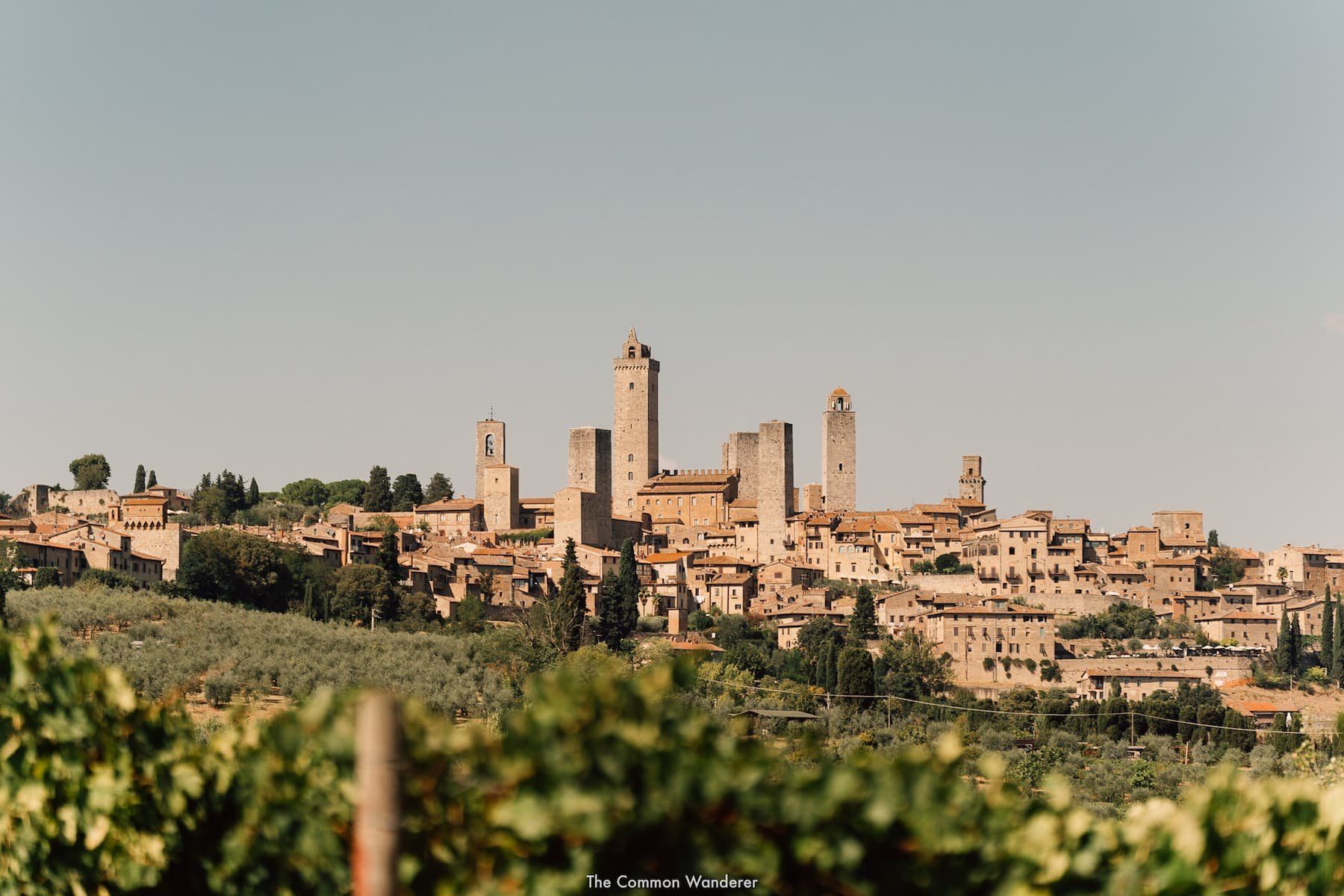 Una ciudad con un viñedo en primer plano y un castillo al fondo. en san gimignano en la toscana italia florencia