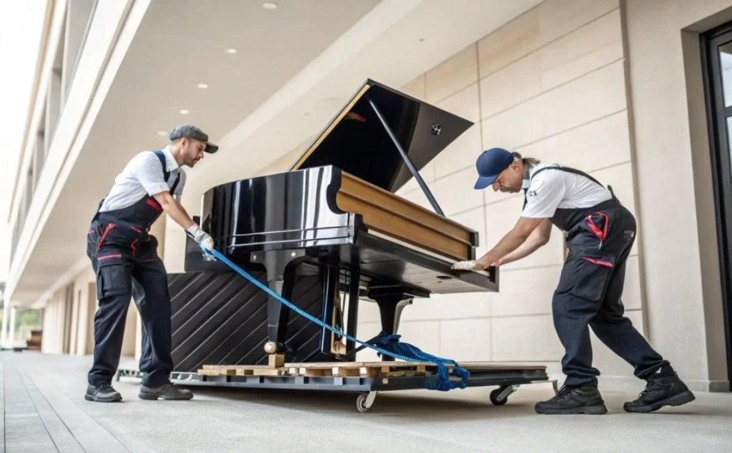 Two movers pushing a black grand piano on a dolly through a bright hallway