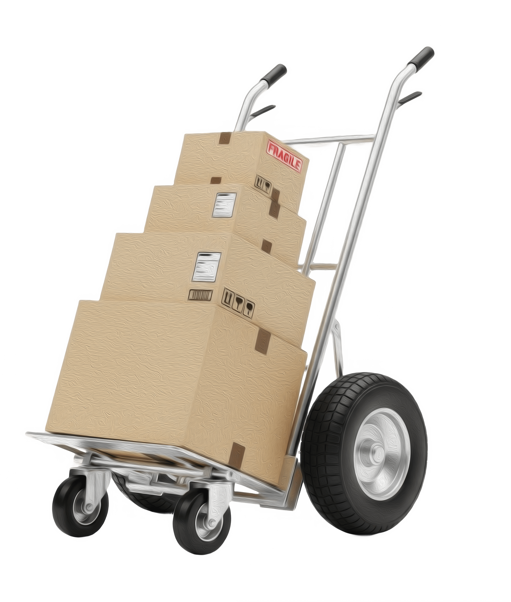 Hand truck loaded with stacked cardboard boxes and two large wheels