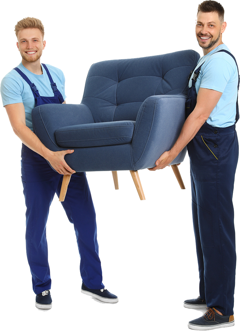 Two movers carrying a navy blue armchair, smiling on a white background