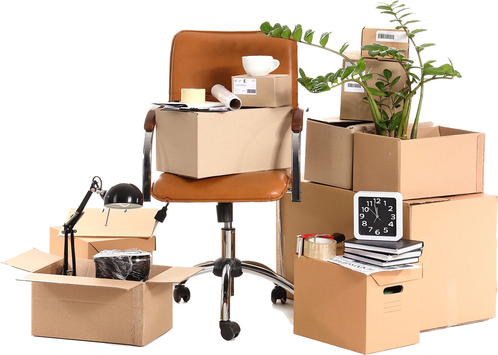 Cardboard boxes packed with office items around a brown rolling chair, symbolizing moving or relocation