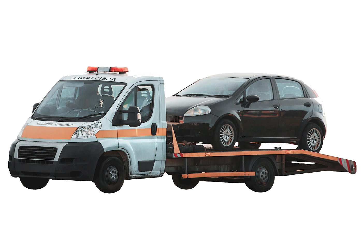 Tow truck carrying a black hatchback car on a flatbed trailer