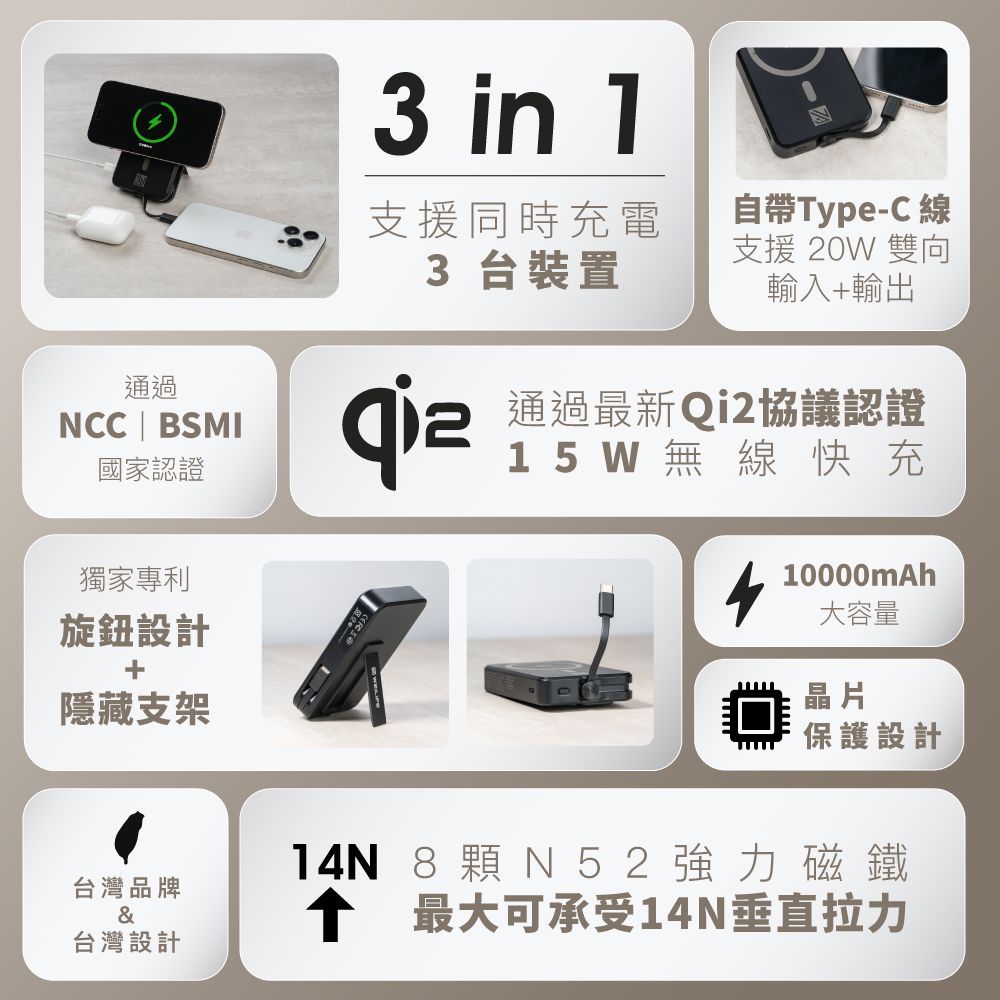 WEILIFE Qi2磁吸無線充行動電源 自帶線+磁吸無線+可上飛機+支架模式