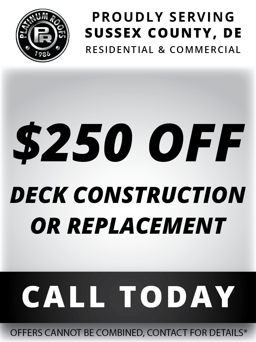 A sign that says $ 250 off deck construction or replacement