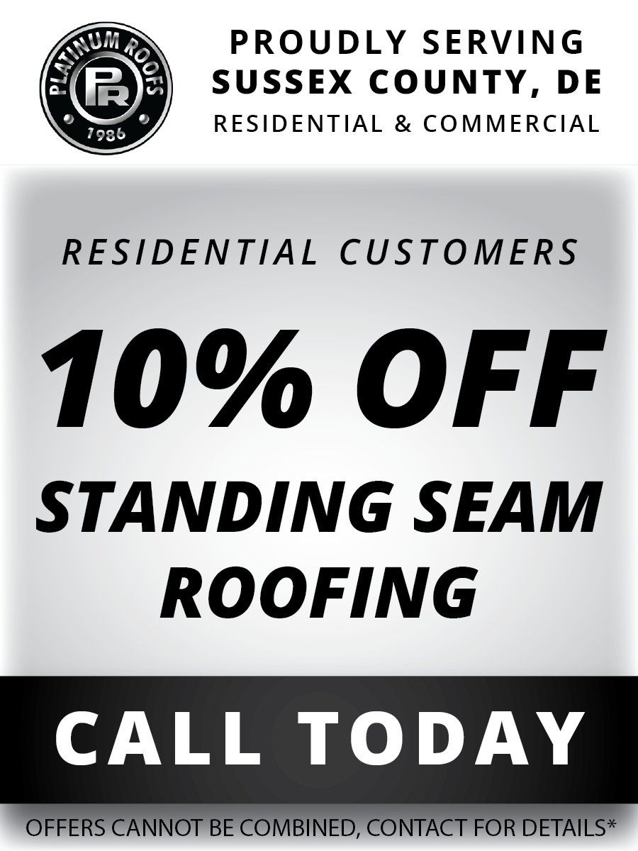 A sign that says 10 % off standing seam roofing