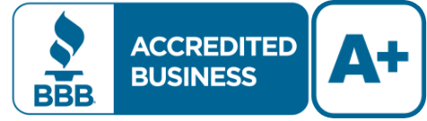 A blue and white sign that says accredited business a+