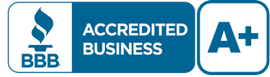 A blue and white sign that says accredited business a+