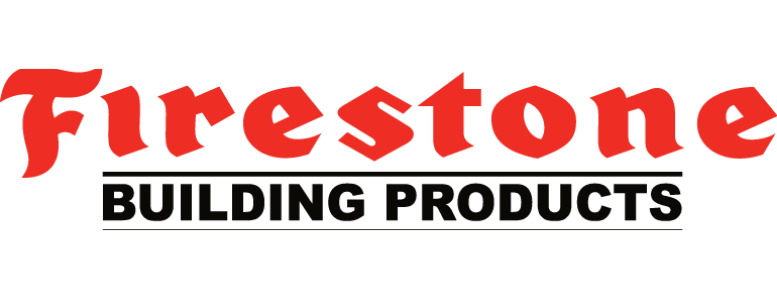 The logo for firestone building products is red and black.