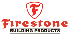 The logo for firestone building products is red and black