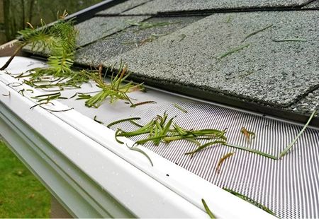 A gutter with leaves on it and a roof in the background