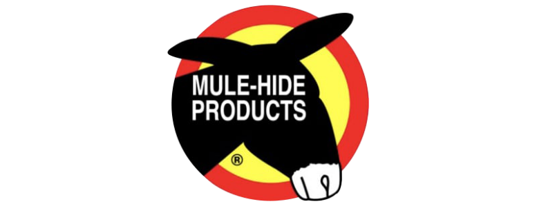 The logo for mule-hide products shows a donkey in a red and yellow circle.