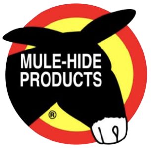 A logo for mule-hide products with a donkey in a red circle