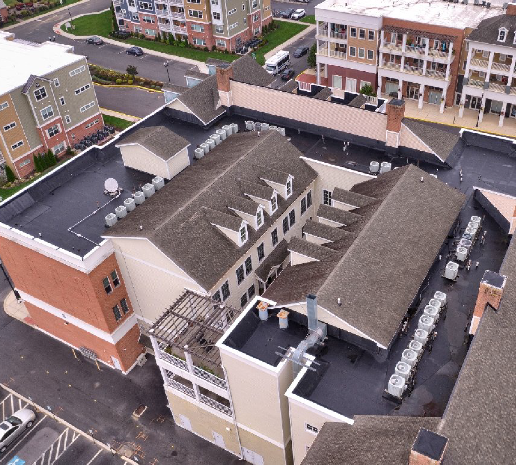 An aerial view of a large building with a lot of windows