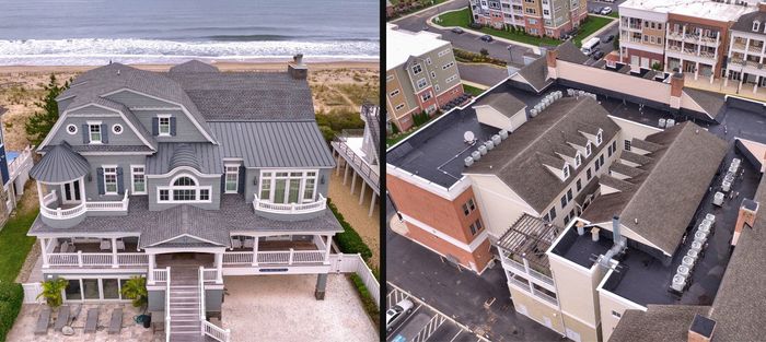 An aerial view of a large house next to a large building