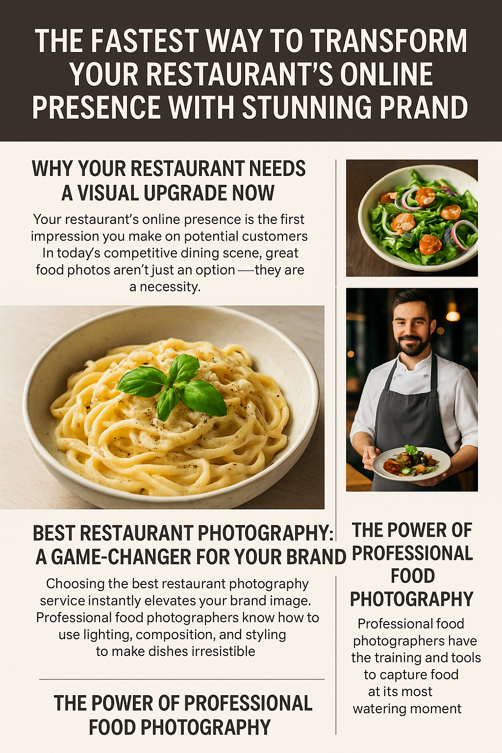 Promotional infographic titled 'The Fastest Way to Transform Your Restaurant’s Online Presence with Stunning Photography,' featuring high-quality food images of pasta and salad, a professional chef holding a plated dish, and sections emphasizing the importance of visual upgrades, professional food photography, and brand enhancement, all set against a beige and brown background.