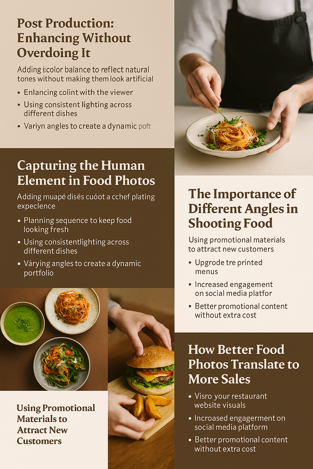 Infographic titled 'Post Production: Enhancing Without Overdoing It,' featuring professional food photography tips across six sections with warm beige and brown tones, including advice on post-production editing, capturing the human element, photographing multiple dishes, using promotional materials, shooting from different angles, and boosting restaurant sales with better food photos.