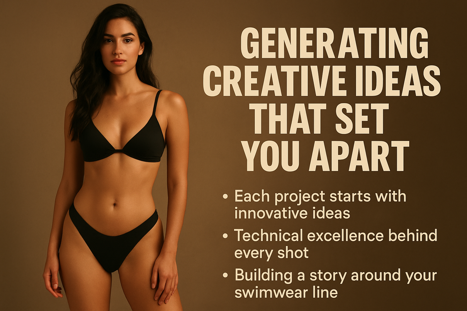 A studio photograph featuring a confident young woman with long, wavy dark hair wearing a classic black bikini, standing against a warm brown background. Bold text on the right reads 
