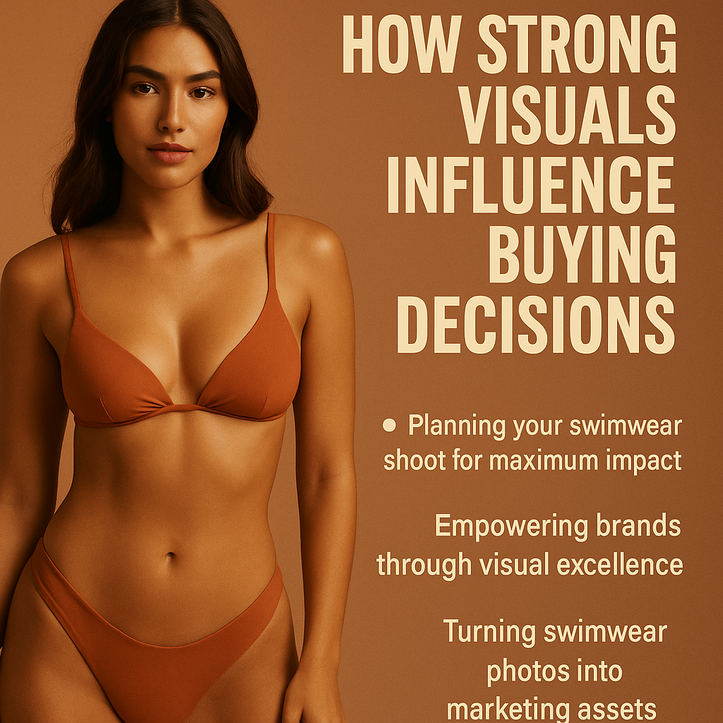 A studio photograph featuring a confident young woman with long dark hair wearing a burnt-orange bikini, standing against a warm orange gradient background. Bold text on the right reads 