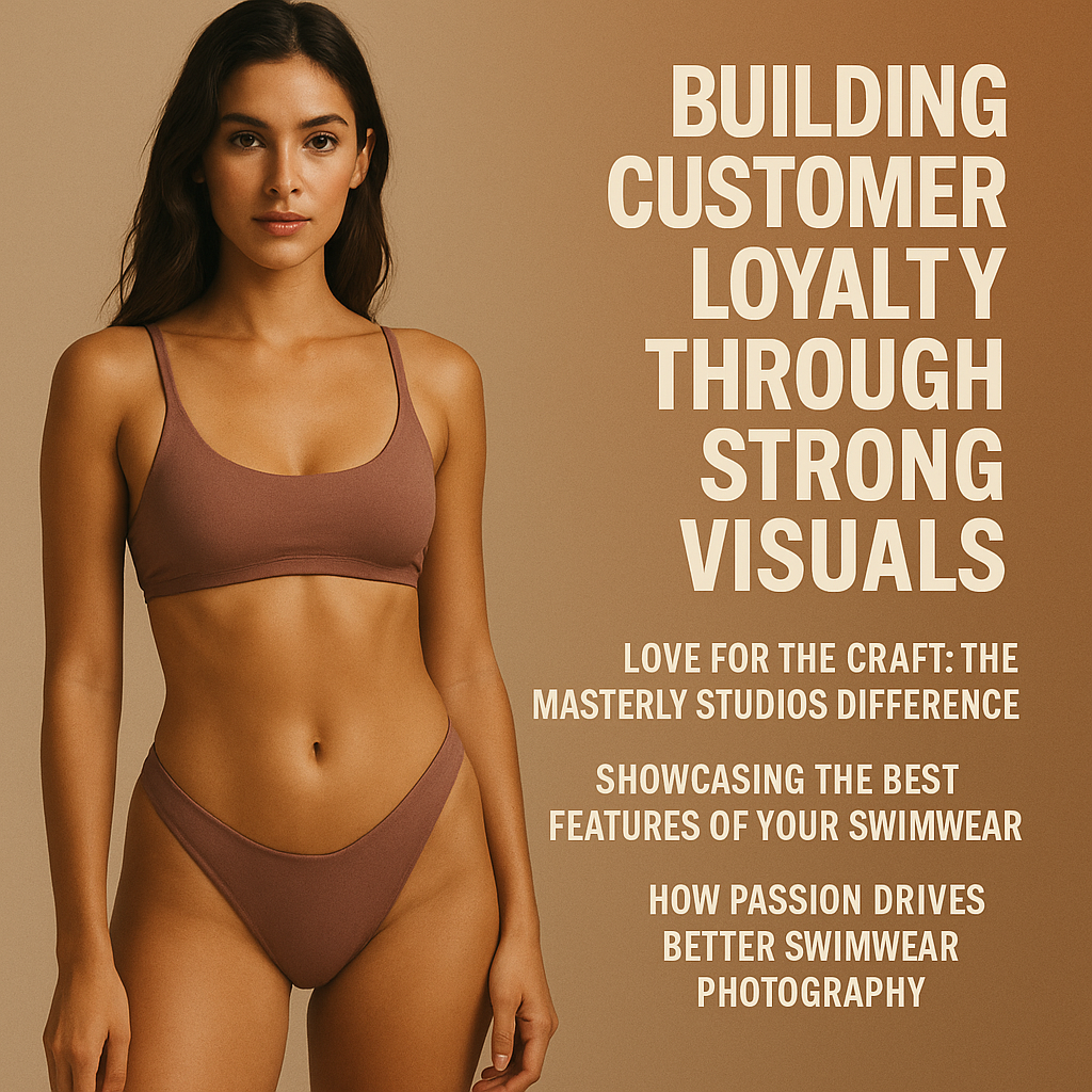 A studio photograph featuring a confident young woman with long dark hair wearing a mauve bikini, standing against a soft beige gradient background. Bold white text on the right side reads 