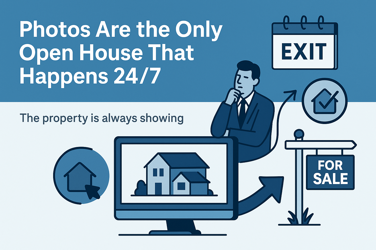 Illustration with the headline “Photos Are the Only Open House That Happens 24/7” in bold white text on a blue background, and the subheading “The property is always showing” beneath it. The right side features a thoughtful man seated next to a calendar marked “EXIT,” a checkmark icon, and a “FOR SALE” sign. A computer monitor displays a house image, and a circular icon shows a house being clicked. The design highlights how real estate photography serves as a constant virtual open house for property listings.