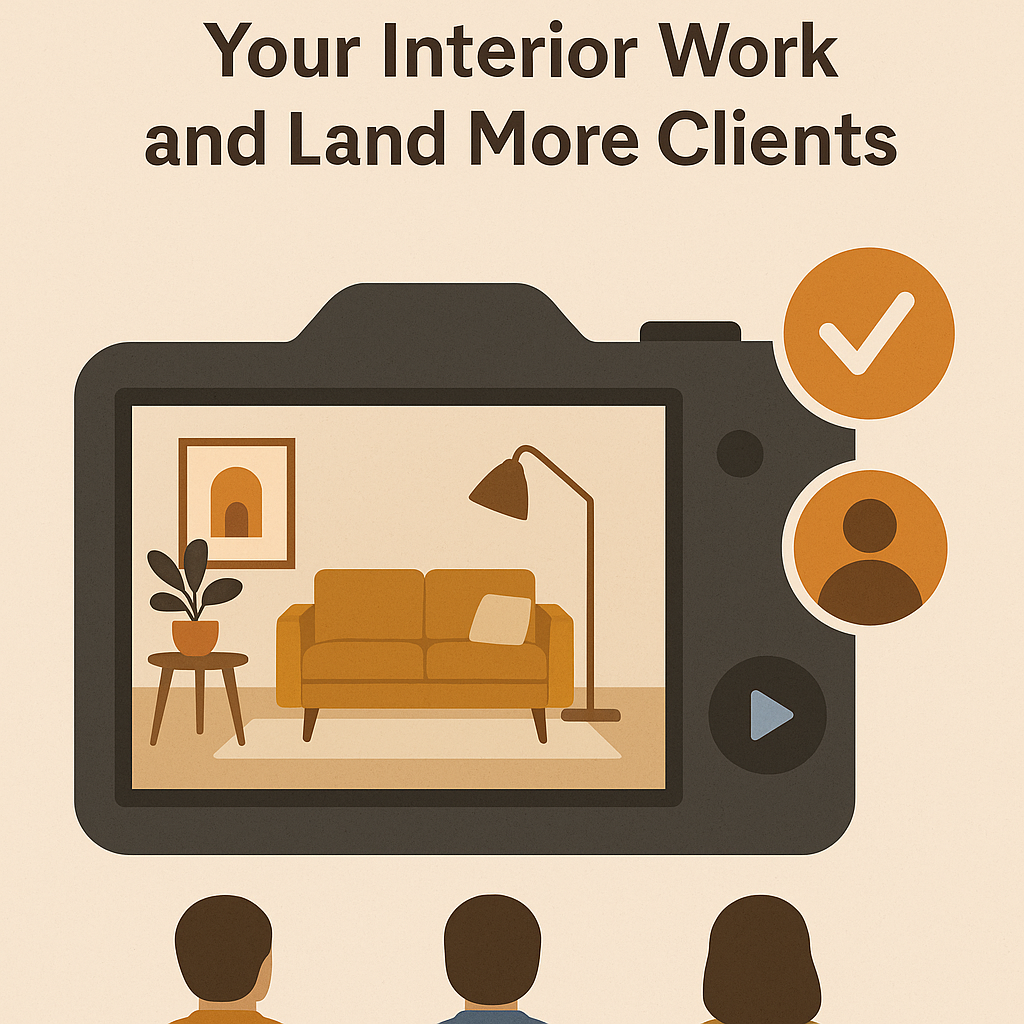 A flat-style digital illustration with the title “Your Interior Work and Land More Clients” in bold dark brown text on a beige background. The central image is a large camera screen displaying a stylish living room scene with a mustard-yellow sofa, a potted plant, a floor lamp, and framed wall art. To the right of the camera are three circular icons: an orange checkmark, a user silhouette, and a play button. At the bottom, three people are shown from behind, viewing the camera display.