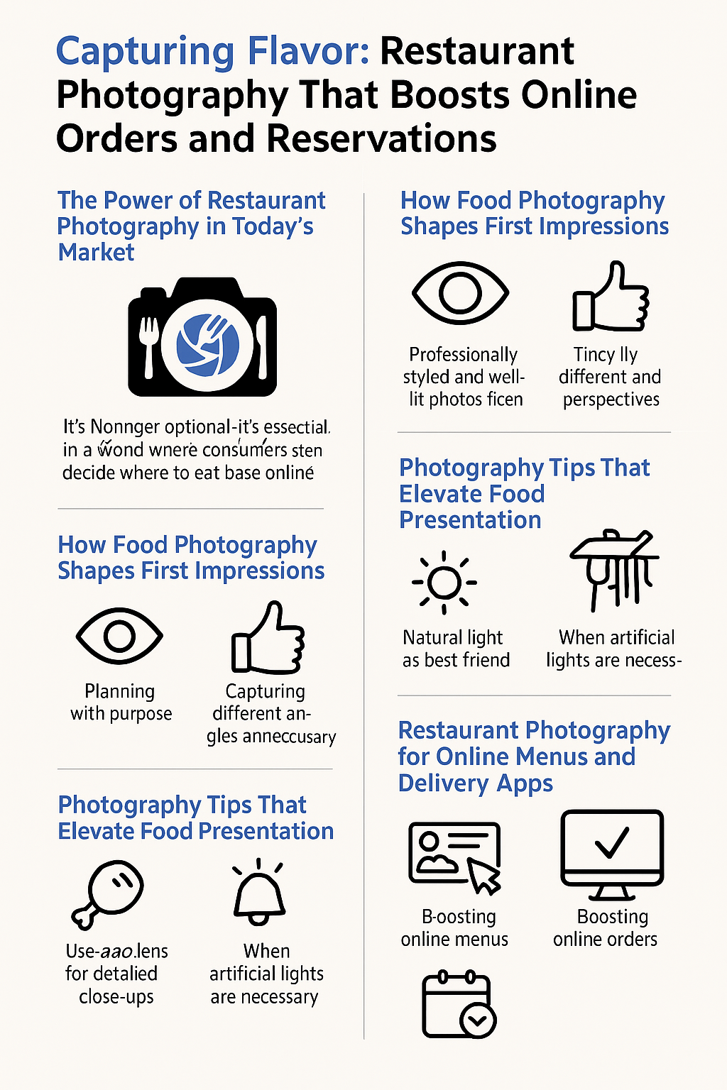 Capturing Flavor: Restaurant Photography That Boosts Online Orders and Reservations.' It highlights the importance of professional restaurant photography with sections on creating strong first impressions, planning photo shoots, using different angles, the role of natural and artificial lighting, and boosting online menus and delivery orders. Icons include a camera with utensils, an eye, a thumbs up, a sun, a studio light, a webpage, and a calendar.