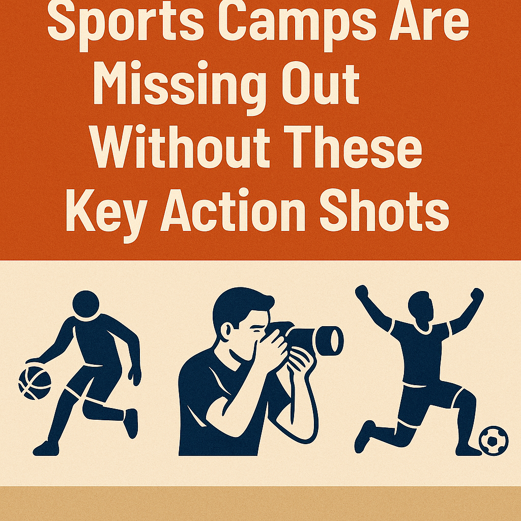 Digital graphic with the headline 'Sports Camps Are Missing Out Without These Key Action Shots' in bold white text on an orange background. Below, three navy-blue icons on a beige backdrop: a basketball player dribbling, a photographer holding a camera, and a soccer player celebrating with arms raised next to a ball.